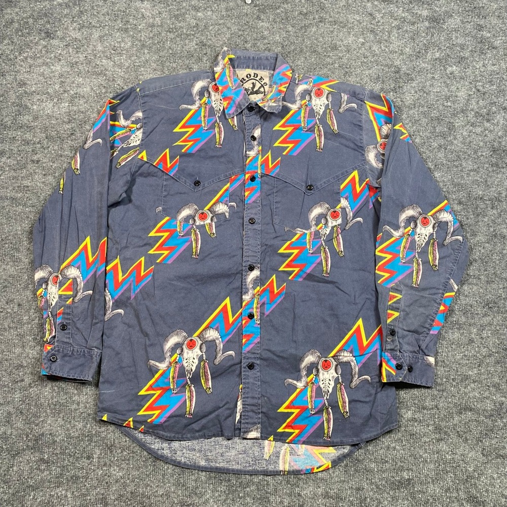 Rodeo Active Mens Blue Neon Lightning Steer Skull Western‎ Button Down Shirt M